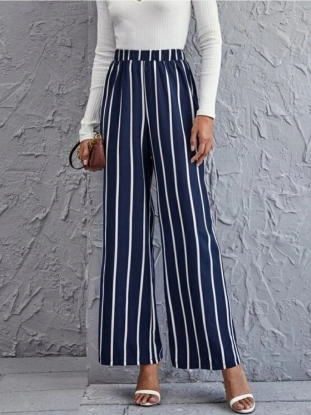 Navy White Stripe Wide Leg Palazzo Pants High Rise Nautical Resort